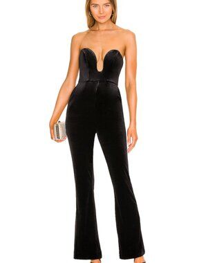 NEW NBD Revolve Kona Jumpsuit Black Velvet Flare Leg Pockets Womens Size XS
